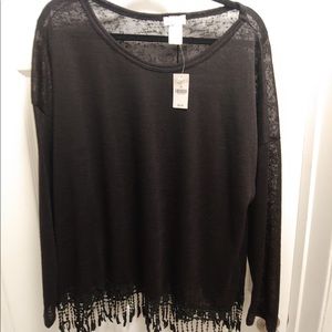 Long Sleeve Black Top with Fringe Hem Detail